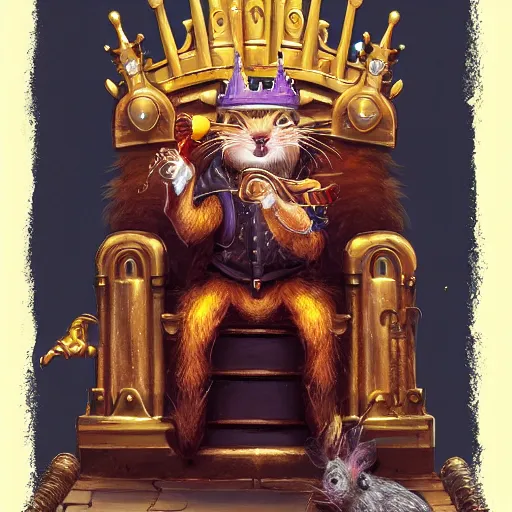 Image similar to a sewer rat wearing a golden crown, on a throne's seat, prize winning, trending on artstation, fantasy illustration, warm tones, comedic, digital art