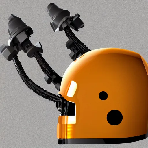 Image similar to hyper detailed boxcutter hard surface modelling rear view of yellow orange and gold astronaut helmet, arstation, cables wires decals