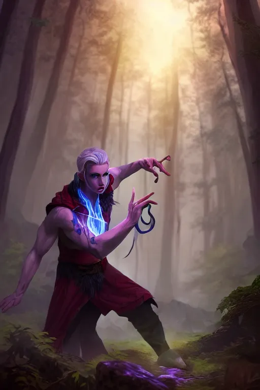 Image similar to a human elemental sorcerer, forest setting, colorful magic, male, white skin, young, sharp focus, concept art, dynamic lighting, unreal engine, by jeffchendesigns