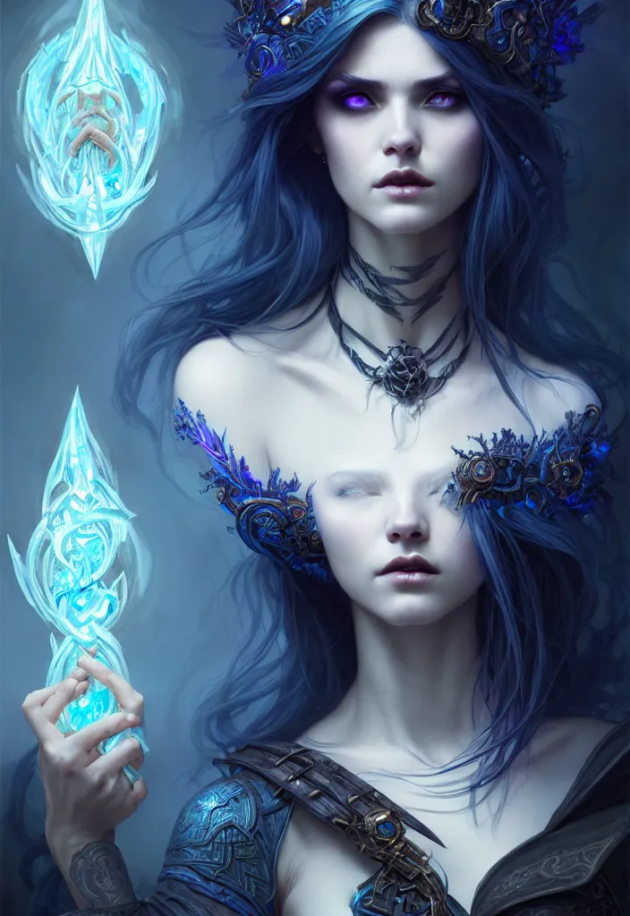 Prompt: Necromancer Sorceress, fantasy magic, undercut blue hairstyle, dark light night, intricate, elegant, sharp focus, illustration, highly detailed, digital painting, concept art, matte, art by WLOP and Artgerm and Greg Rutkowski and Alphonse Mucha, masterpiece