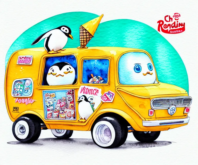 Image similar to cute and funny, penguin riding in a tiny ice cream truck with an oversized engine, ratfink style by ed roth, centered award winning watercolor pen illustration, isometric illustration by chihiro iwasaki, edited by range murata, tiny details by artgerm and watercolor girl, symmetrically isometrically centered, sharply focused