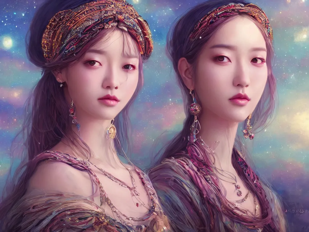 Prompt: masterpiece portrait charming and miracle female luxury goodness boho accessories in dreamlike movie, kpop, arty dress, high detailed face, art by artgerm, greg rutkowski, sasoura, satchely, ross tran, anna dittmann, big major starry sky and city in background, uhd, medium long shot, fantasy, no distorsion, sharp focus,