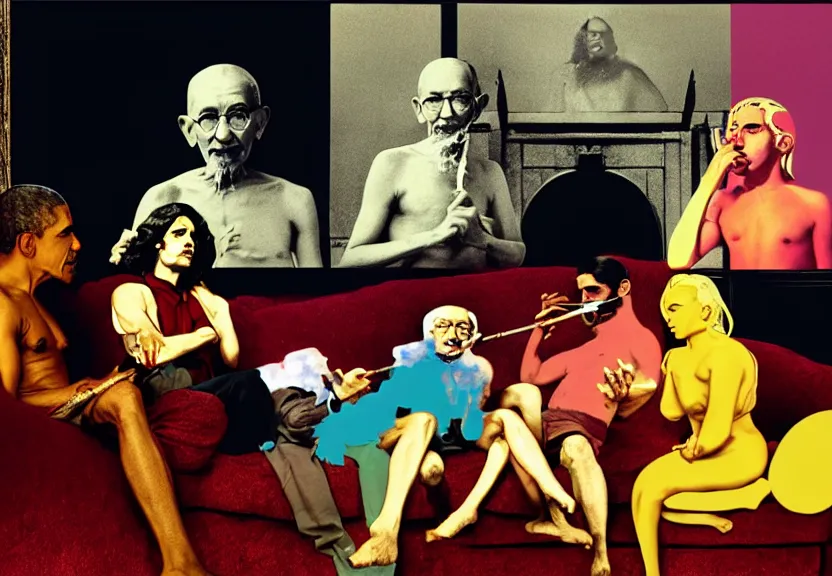 Image similar to smoke session for the ages: Gandhi , Obama, Jesus, And Lady GaGa smoking a fat blunt on a sofa by Andy Warhol, photograph, by Beeple