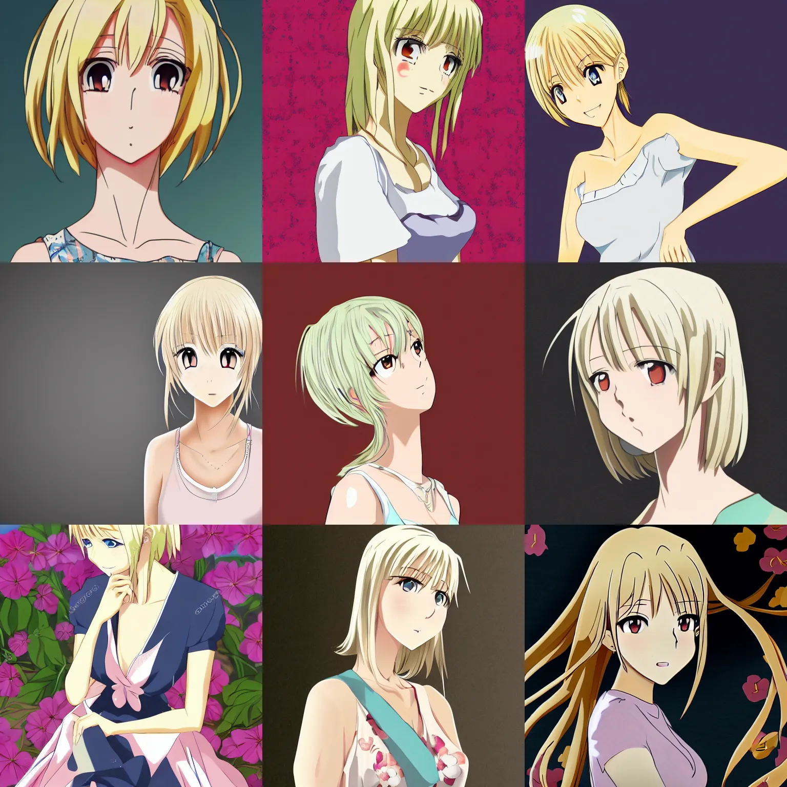 Prompt: high quality anime-style image of a woman in her 20s wearing a summer dress, light blonde shoulder-length hair