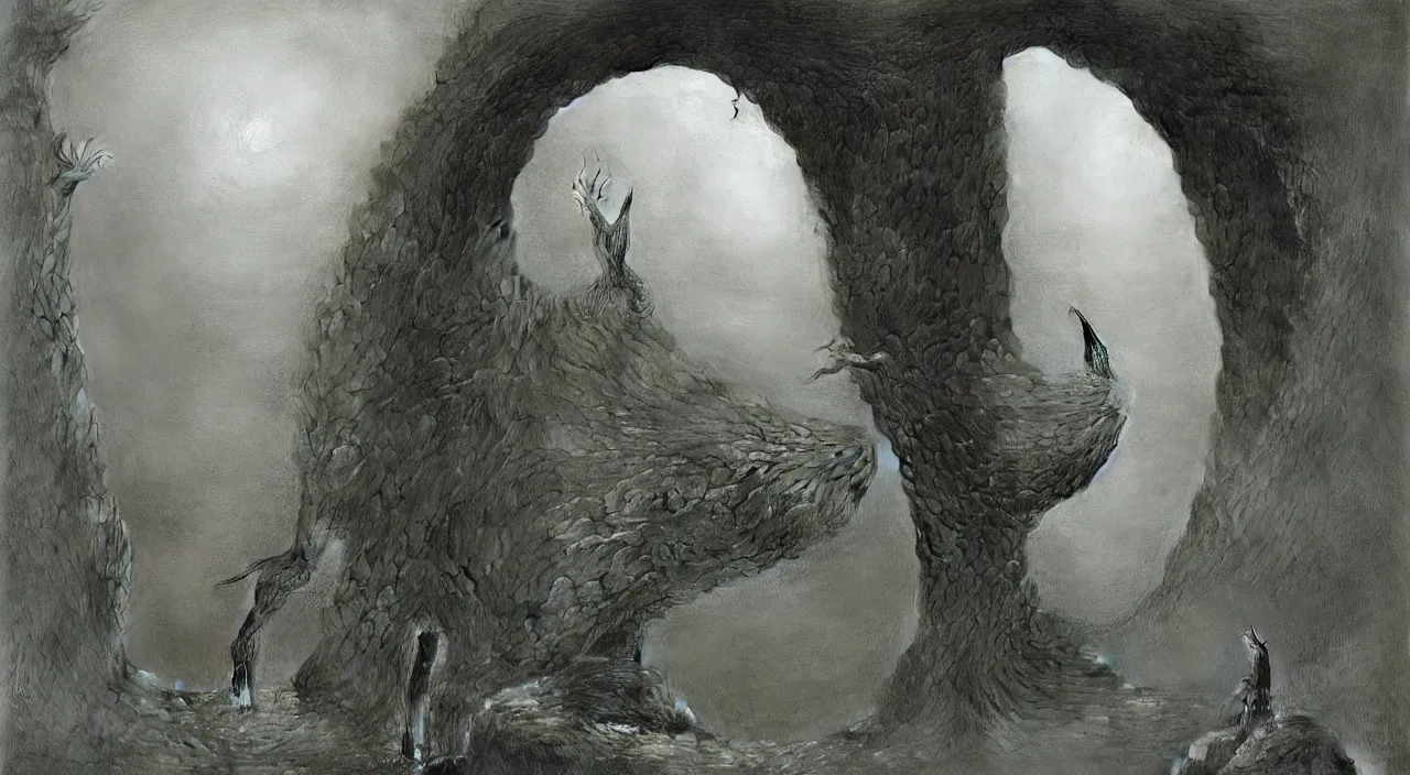 Image similar to portal to another dimension by vladislav beksinski and vladimir kush