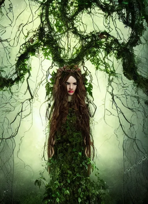 Image similar to full body picture of nature goddess with vines wrapped around her wondering through forest + bright lights + forests + plants + dramatic fog + intense, dramatic lighting, intricate details, cinematic, high definition