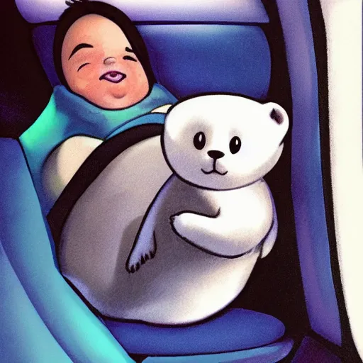 Image similar to portrait of a smug baby harp seal riding in the back of a limo, medium shot, highly coherent, saga comic, fiona staples