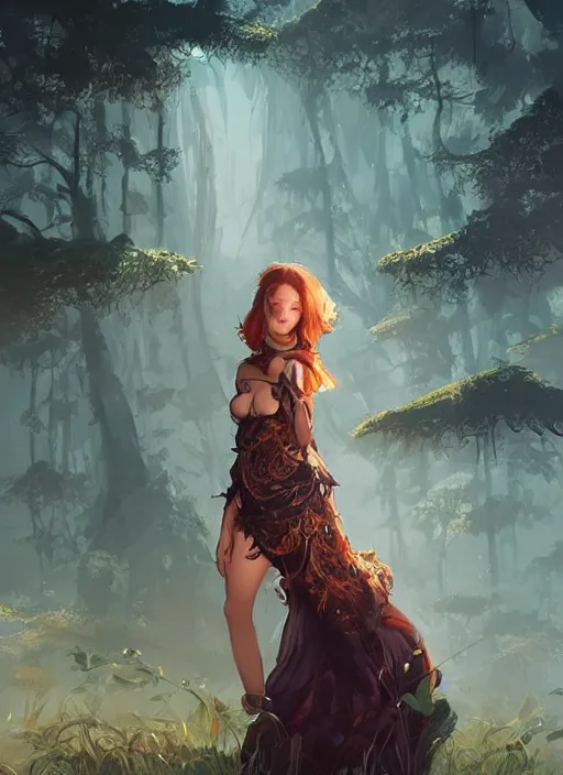 Image similar to female seductive queen of nature girl, beautiful face, rule of thirds, intricate outfit, backlit, foreground art by artgerm, background art by greg rutkowsk and jeremy mann, digital painting