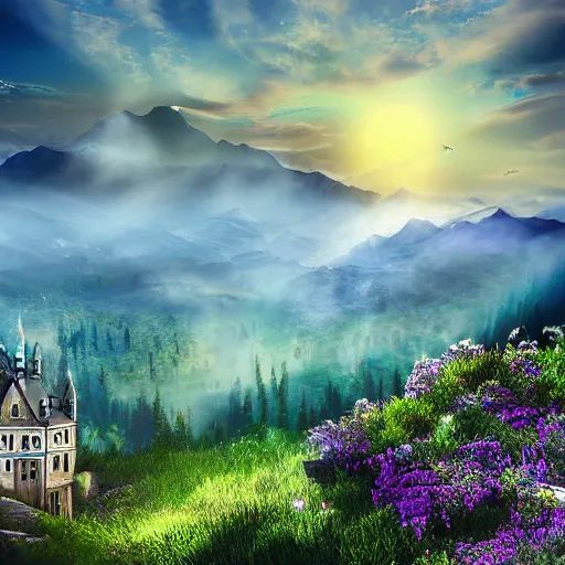 Image similar to magical academy on a mountain, town below, mist, mystical, happy, sunshine, realistic, by bagshaw, tom
