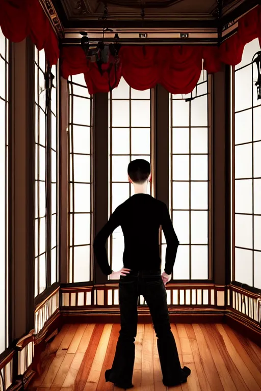 Prompt: androgynous male with black short hair and pale skin is standing in front of a mirror surrounded by victorian interior in a room with tall windows dark red curtains and moos green flooring by leonardo da vinci. volumetric lighting, petspective room layout