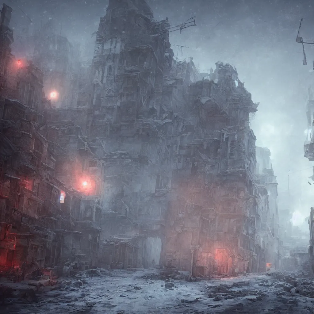 Prompt: a ruined city in the style of aetherpunk, a snowy street, huge red moon, global illumination, smoke, detailed and intricate environment, mysterious