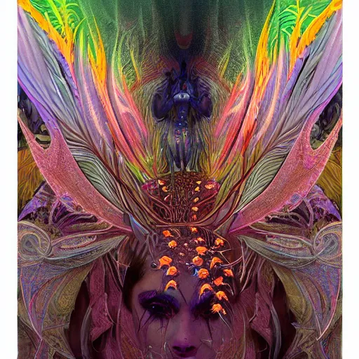 Image similar to A reality bending psychedelic ayahuasca experience in semi darkness with many fire flies, colorful, distorted, surreal, tropical bird feathers, dramatic lighting on the face, intricate, elegant, highly detailed, digital painting, concept art, smooth, sharp focus, illustration, art by Krenz Cushart and Wayne Barlowe and alphonse mucha