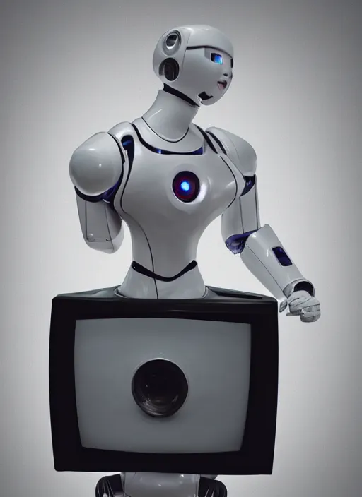 Image similar to portrait of a futuristic blanco ceramic Spanish prince grinning humanoid robot with a handsome face wearing a plastic crt monitor screen face and muscular body reclining, macho, piroca, dotado, guapo, matte surface, trending on cgsociety