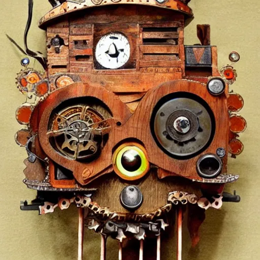 Image similar to A portrait of a complex wooden automaton with fire in its eyes, medievalpunk, clockworkpunk, detailed, orange