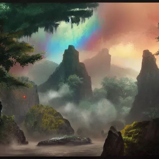 Prompt: landscape of Aloy with pistol swimming in chromatic SPIRITS in misty mysterious astral temple, beautiful, dmt, trending on artstation, omnious, soft, artwork by Wong, Liam