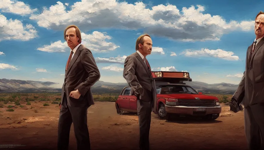 Image similar to concept art of better call saul, wallpaper, cinematic shot, oil painting by jama jurabaev, extremely detailed, brush hard, artstation, high quality, brush stroke