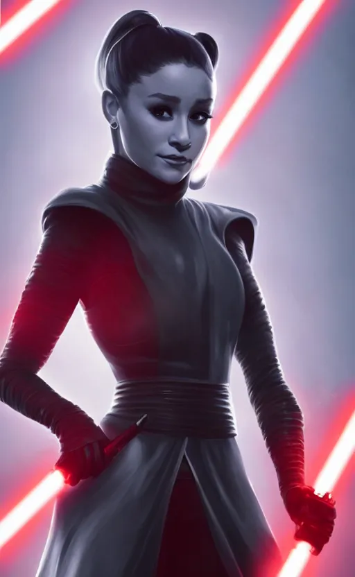 Image similar to Ariana Grande as an evil Sith lord trained by Darth Vader and preparing for a lightsaber duel Star Wars, artstation, Octane Render, 8K resolution, photo realism character art by Artgerm