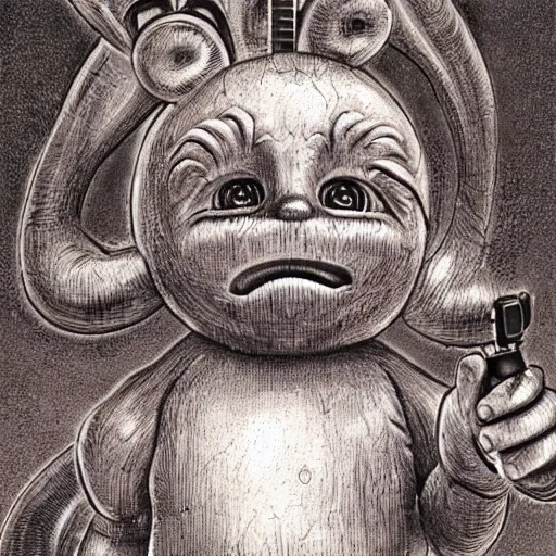 Image similar to detailed realistic illustration of teletubbies, in the style of h r giger and moebius and wayne barlowe