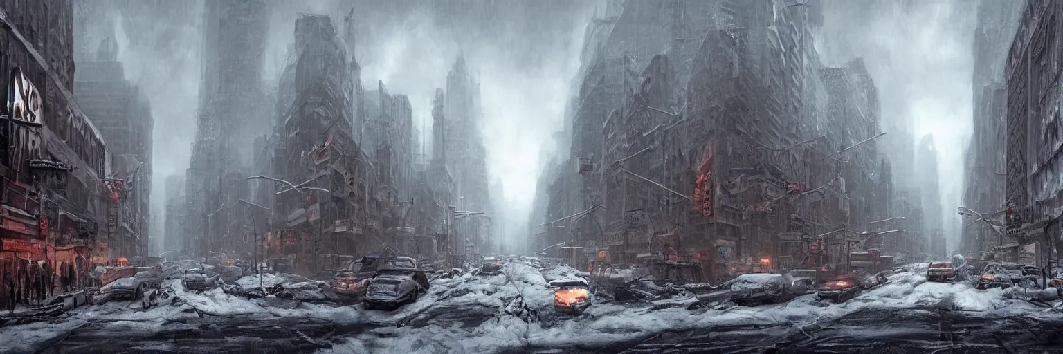 Image similar to Street in post apocalyptic Manhattan new york after a Blizzard, snow Storm, dramatic lighting, cinematic, establishing shot, extremly high detail, photo realistic, cinematic lighting, post processed, concept art, artstation, matte painting, style by eddie mendoza, raphael lacoste, alex ross