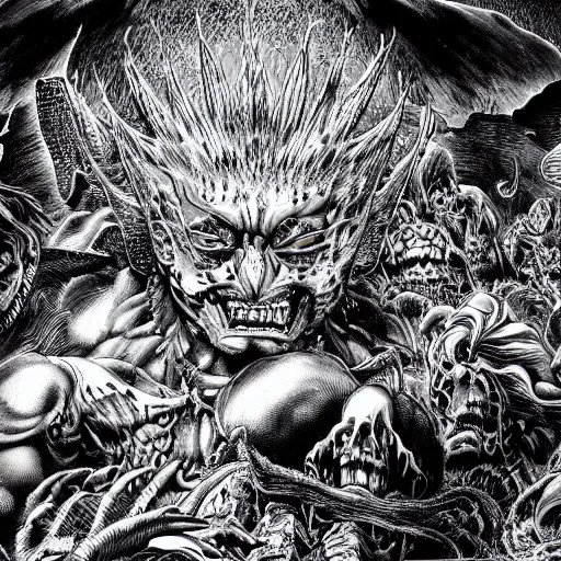 Image similar to a stunning digital masterpiece of hell and heaven at war by kentaro miura, hyper-detailed