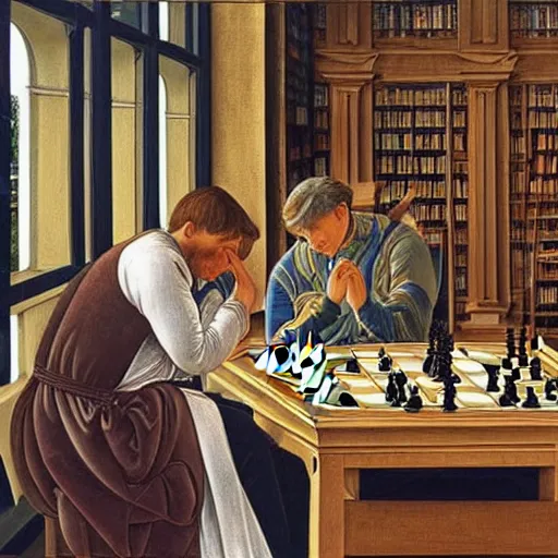 Prompt: highly detailed painting of magnus carlsen playing chess in a library, sandro botticelli