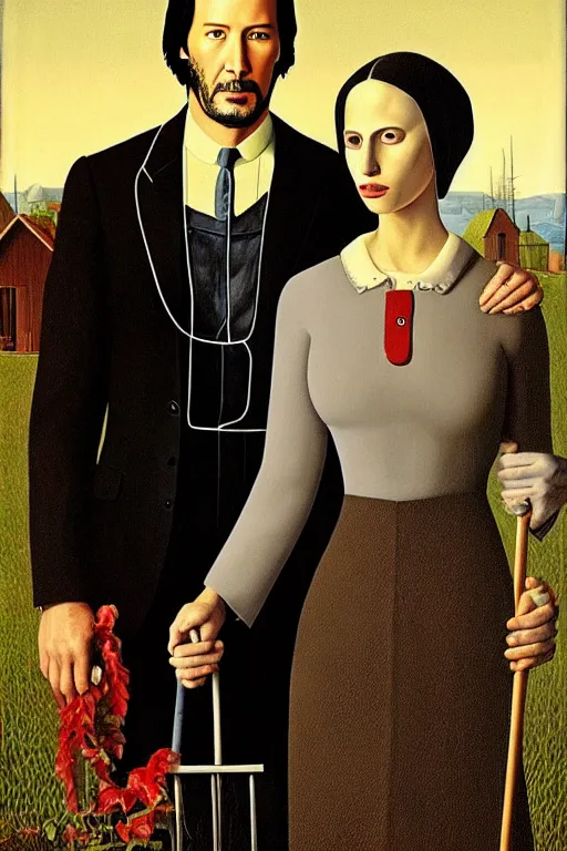 Image similar to painting of Keanu Reeves and Lady Gaga as the couple in American Gothic in the style of Grant Wood