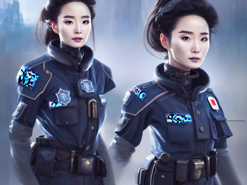 Image similar to portrait futuristic swiss police uniform female yang mi, at future neon light rooftop, ssci - fi and fantasy, intricate and very very beautiful and elegant, highly detailed, digital painting, artstation, concept art, smooth and sharp focus, illustration, art by tan zi and ayanamikodon and alphonse mucha and wlop