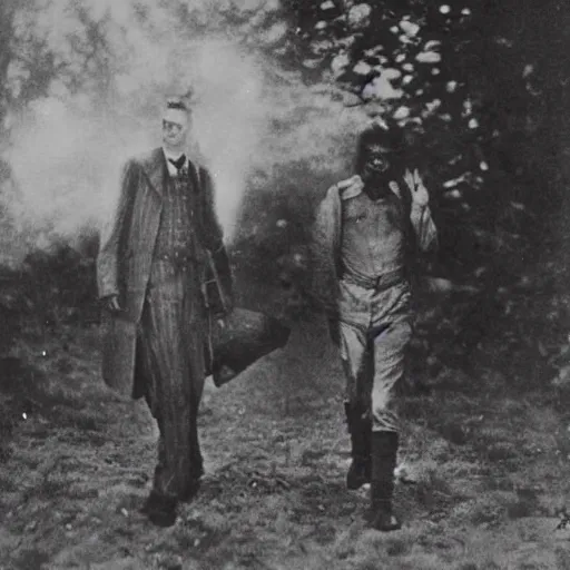 Prompt: 1 9 0 0 s photograph of rick and morty escaping from interdimentional aliens