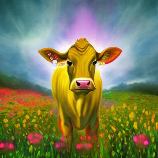 Prompt: a fantasy artwork of a cow in a field of glowing flowers, godlen light shines on the cow