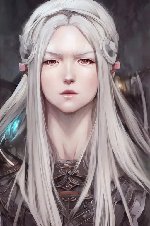 Image similar to an anime portrait of a white hair female viking, long wild hair, pale blue eyes, smirking, by WLOP, Stanley Artgerm Lau, Rossdraws, James Jean, Andrei Riabovitchev, Marc Simonetti, and Sakimichan, trending on pixiv, fully clothed, fully dressed