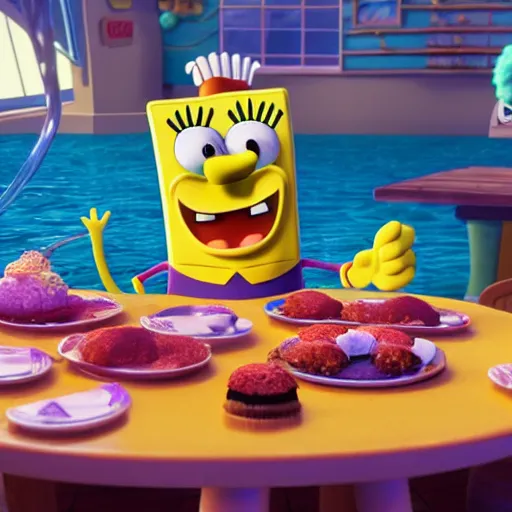 Image similar to hyperrealistic spongebob squarepants eating at the krusty krab, inspired by stephen hillenburg, perfect symmetry, dim volumetric cinematic lighting, 8 k octane comprehensive render, extremely hyper - detailed attributes & atmosphere, intricately proportional, masterpiece, artstation, stunning,