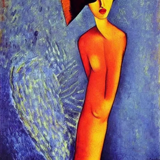 Image similar to by amedeo modigliani funereal, distorted. a beautiful print of a large, colorful bird with a long, sweeping tail. the bird is surrounded by swirling lines & geometric shapes in a variety of colors