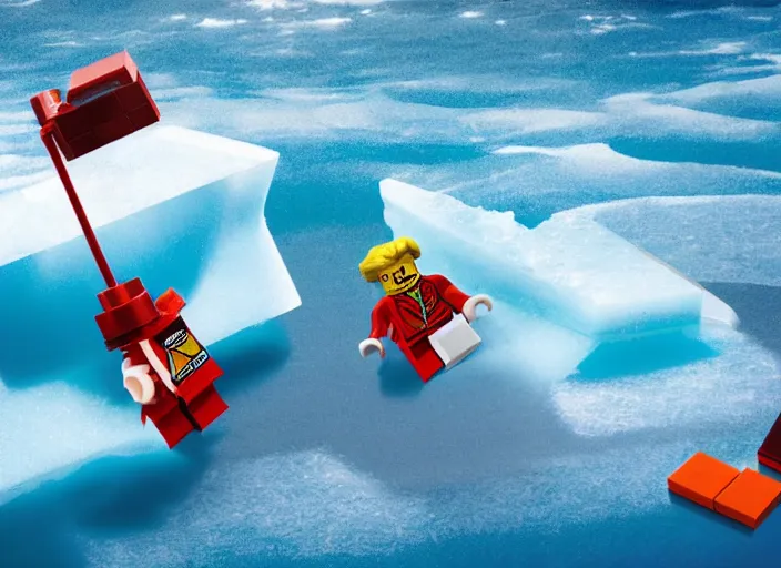 Prompt: a high-definition photograph of a large Lego Titatic hitting an iceberg