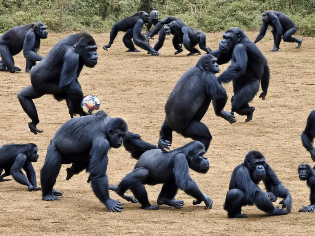 Prompt: gorillas playing a soccer game, vivid