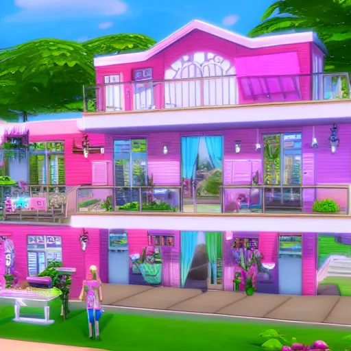 Image similar to the barbie dream house in the sims 4, exterior