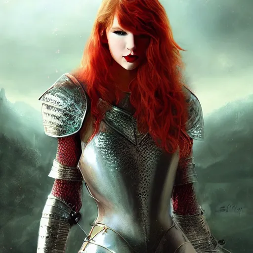 Image similar to the picture of taylor swift with red hair in a knight armor, epic fantasy art, mystical, mystic atmosphere, mythology, photo realistic, high detail, ultra realistic, hyper realistic, high definiton, 4 k uhd,