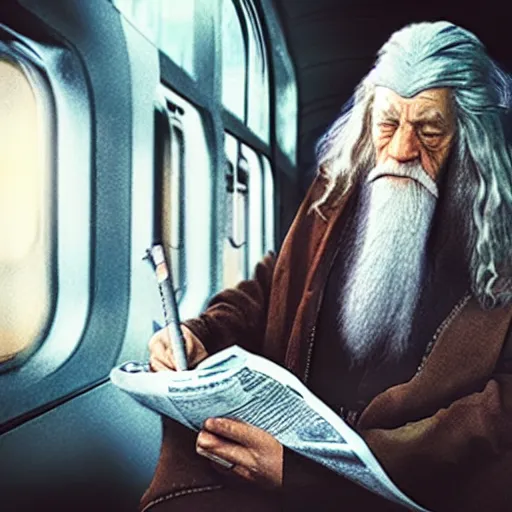 Prompt: gandalf sitting in subway train, reading newspaper and smoking pipo, photorealistic, dramatic lighting