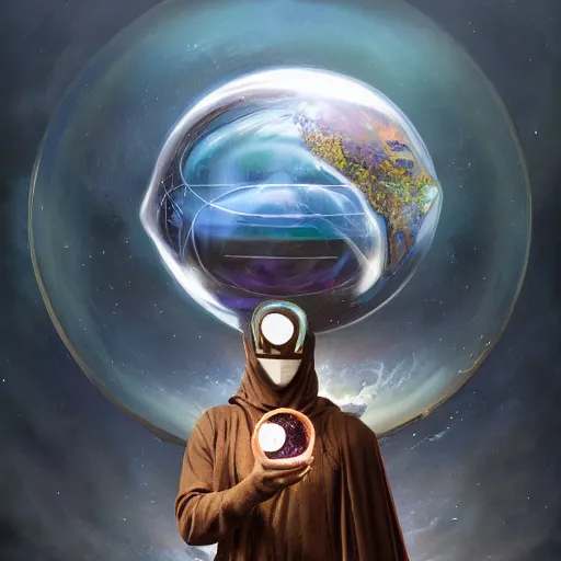 Image similar to masked nomad male wearing a cloak on an alien world and holding a holographic planet projection in his hand, detailed, sci - fi, digital painting, artstation, sharp focus, illustration, ominous, artgerm, tomasz alen kopera, peter mohrbacher, donato giancola, joseph christian leyendecker, wlop, frank frazetta