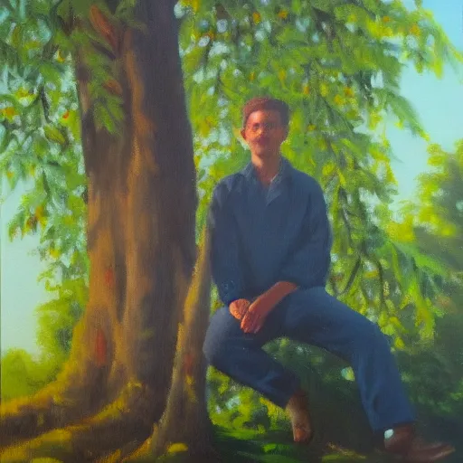 Prompt: beautiful oil painting of george sitting on a tree, day light, sunlight swamp, award - winning, matte,