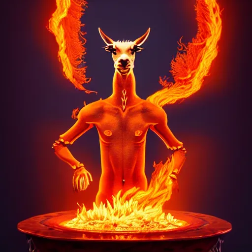 Image similar to picture of an humanoid llama wizard, made of flames and surrounded by flames, hyperrealistic, highly detailed, 1 6 k, high quality, diffuse light, intricate, digital painting, trending in artstation, smooth marble surfaces, volumetric light, cinematic