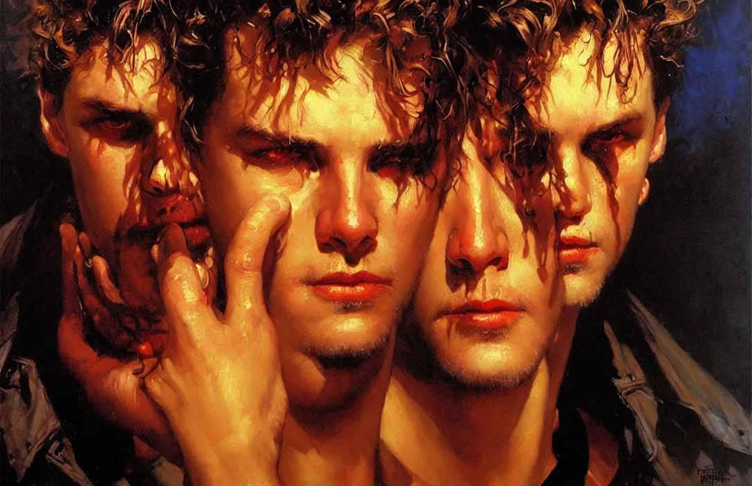 Image similar to portrait of the lost boys!!!!!!!!!!!!!!!!!!!!!!!!!!!, detailed face, detailed painting,, epic lighting, by ilya repin, phil hale and kent williams