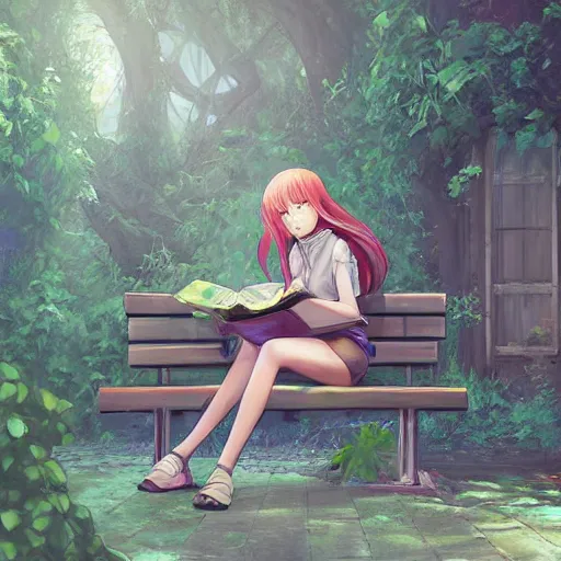 Image similar to advanced digital art. A beautiful girl is sitting on a bench reading in an abandoned train station that is overgrown with vines and flowers, Digital Anime pastel painting, Sakimichan, WLOP, RossDraws, pixivs, Makoto Shinkai. —H 2160