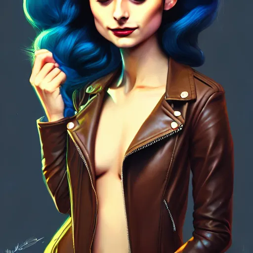 Image similar to a portrait of a beautiful willa holland pompadour long hair leather jacket, art by lois van baarle and loish and ross tran and rossdraws and sam yang and samdoesarts and artgerm, digital art, highly detailed, intricate, sharp focus, trending on artstation hq, deviantart, unreal engine 5, 4 k uhd image