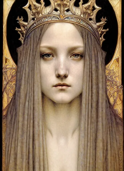 Image similar to detailed realistic beautiful young medieval queen face portrait by jean delville, gustave dore and marco mazzoni, art nouveau, symbolist, visionary, gothic, pre - raphaelite. horizontal symmetry