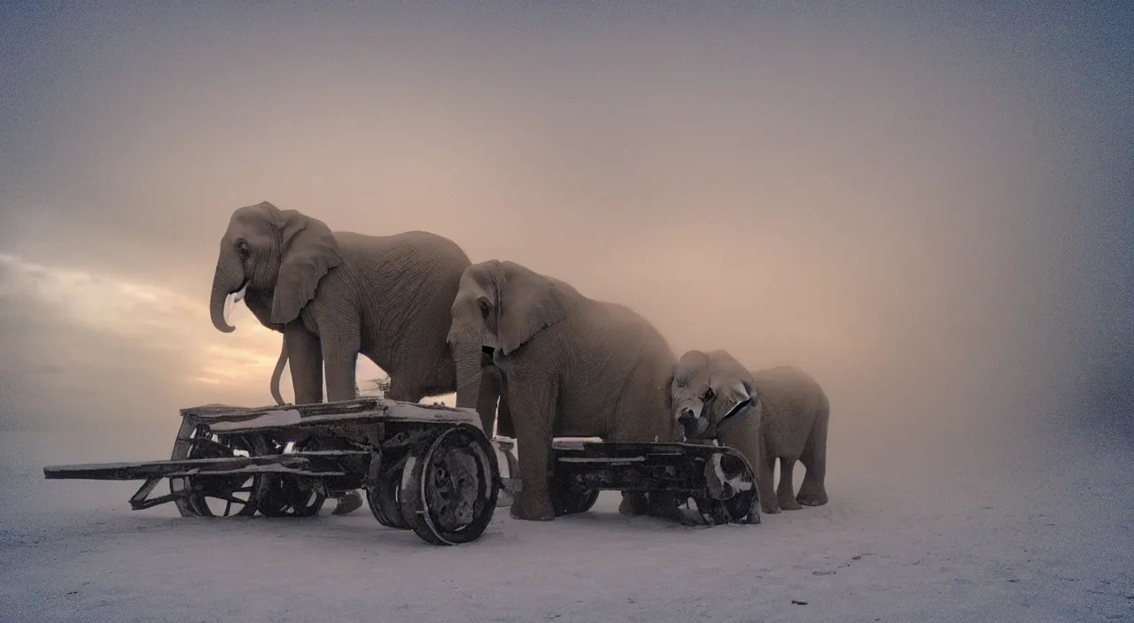 Prompt: “photo color of one biomechanical giant elephant/wagon/mamouth in an arctic storm with fog and blizzard, the mammoth drags old gigantic coal wagons with snow, it's a sunset photo with cold tones, some people around ”