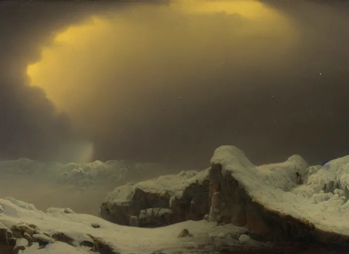 Image similar to earth after the cretaceous – paleogene extinction event, a harsh winter cools down the earth, blizzards envelop the lands and barely any sunlight gets through the thick dust clouds, dark skies, thick snow in the style of hudson river school of art, oil on canvas