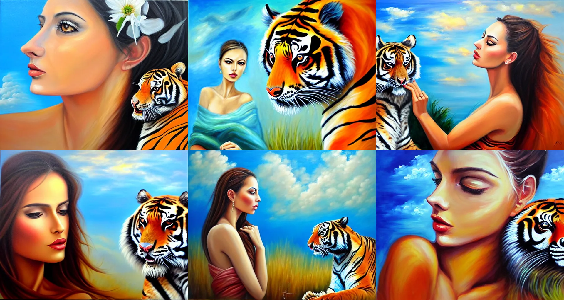 Prompt: dimitra milan painting, portrait of a beautiful woman and a tiger, clouds, dreamy setting, acrylic painting, sharp focus, by dimitra milan.