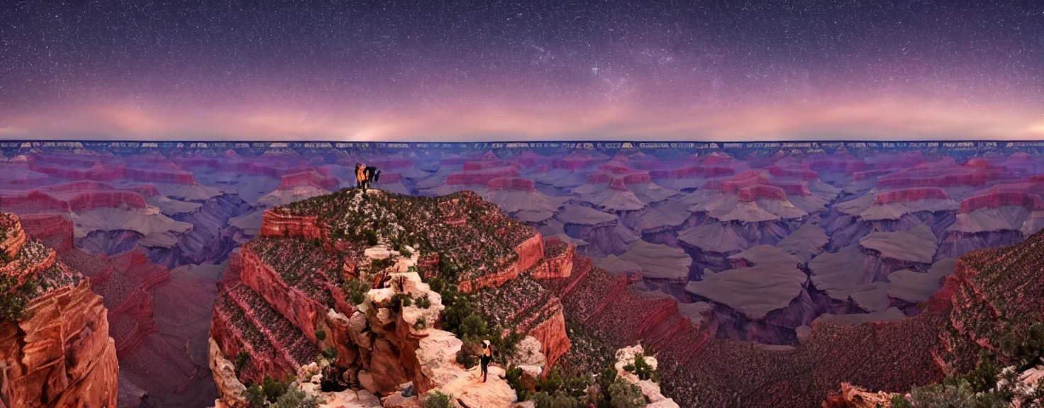 Image similar to Grand Canyon, night scenery, group of tourists and minivan standing at the edge and photographing a big neon-lit figure floating in the sky above the Grand Canyon, beautiful lighting, professional photography