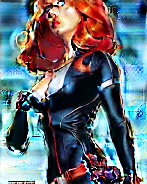 Image similar to phil noto comicbook cover art, black widow marvel, symmetrical eyes, long red hair, full body, city rooftop