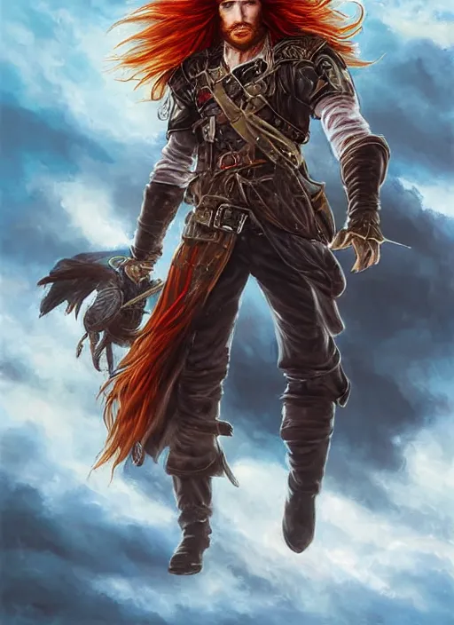 Image similar to epic fantasy portrait painting of a long haired, red headed male sky - pirate in front of an airship in the style of the a marvel avengers movie